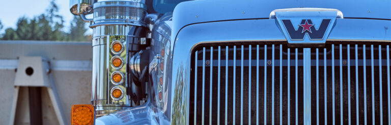 A close-up shot of a truck's front end.