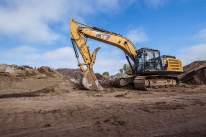 A machine moves soil around a construction site.